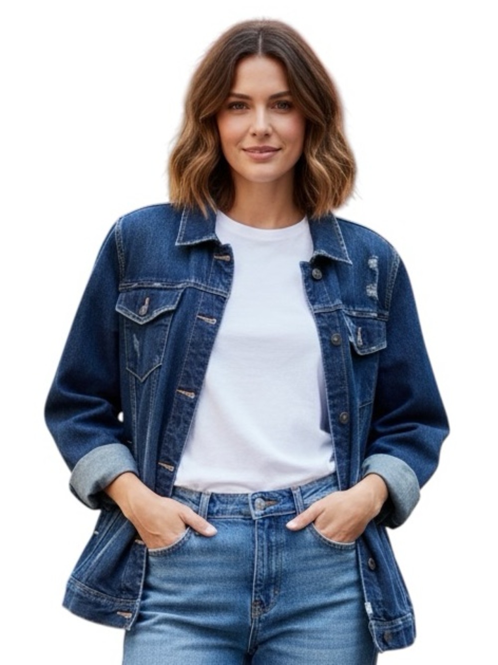 Melrose and Market Distressed Denim Trucker Jacket Men's L/Women's XL